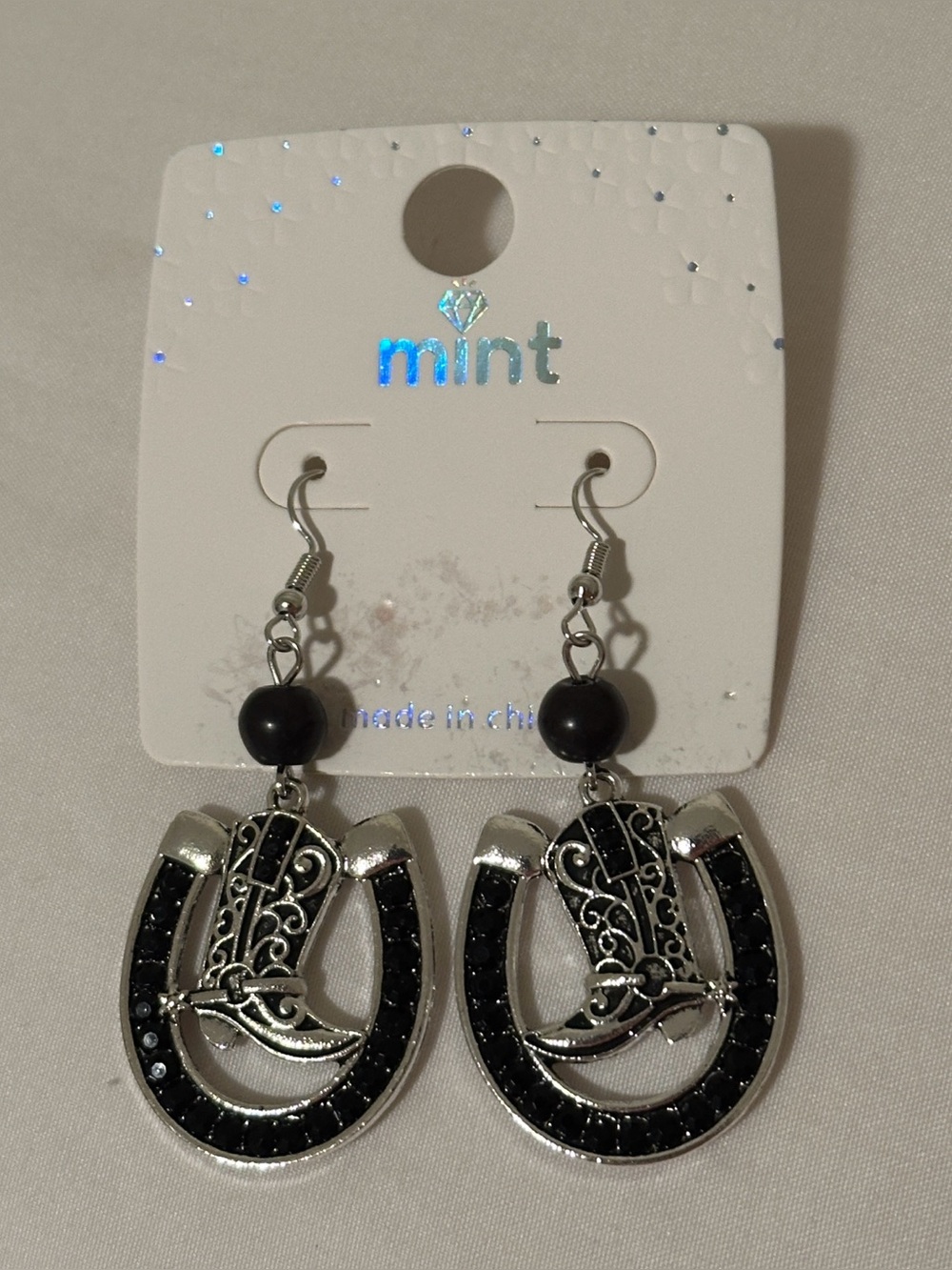 Silver Horseshoe & Cowboy Boot Dangle Earrings with Black Accents Rodeo Boho 🐴